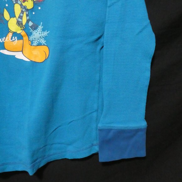 TWEETY! | large | Blue Waffle Knit Long Sleeve Pajama Shirt | Tweety Print Front - Picture 9 of 16